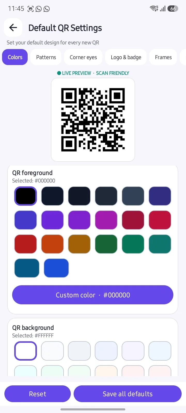 Real QR Craft Studio color settings screen