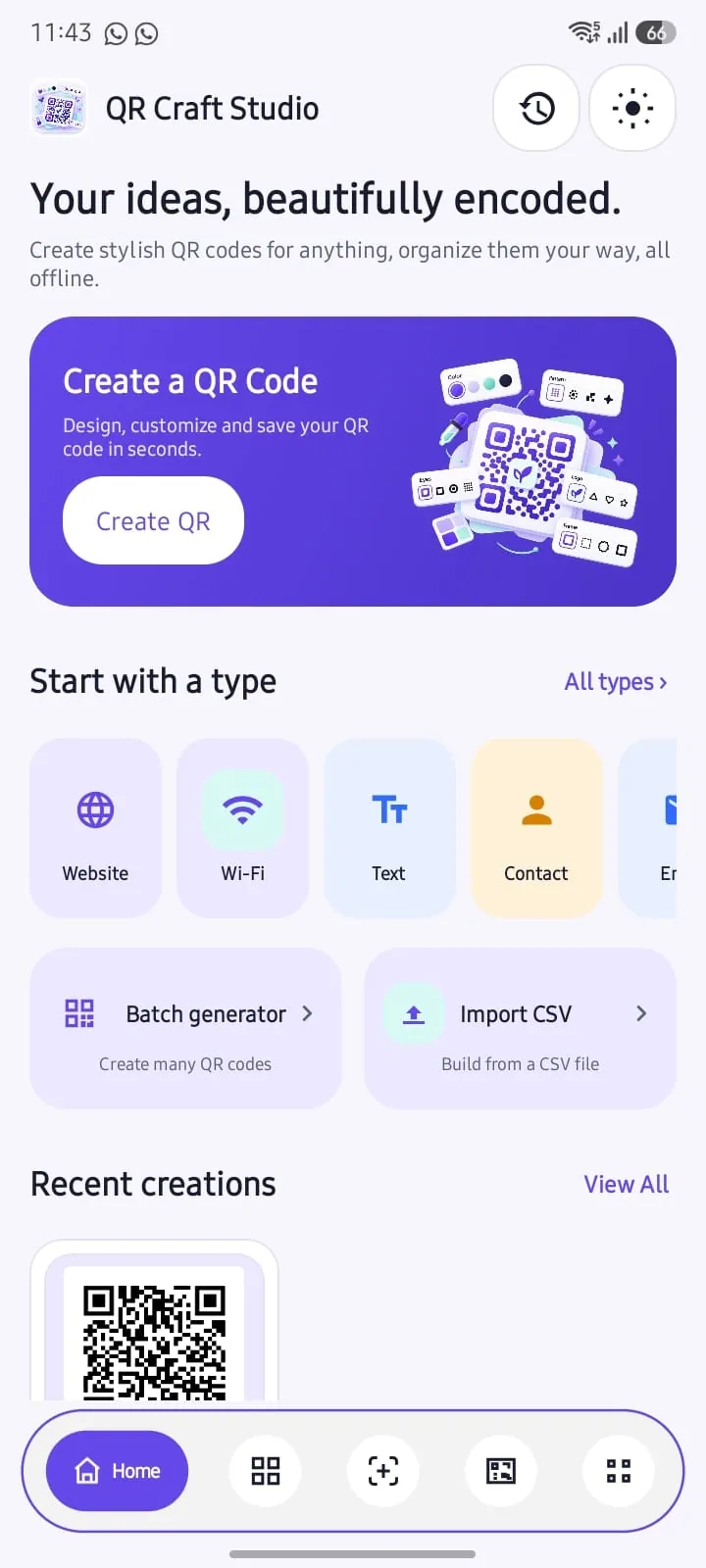 QR Craft Studio home screen with creation shortcuts