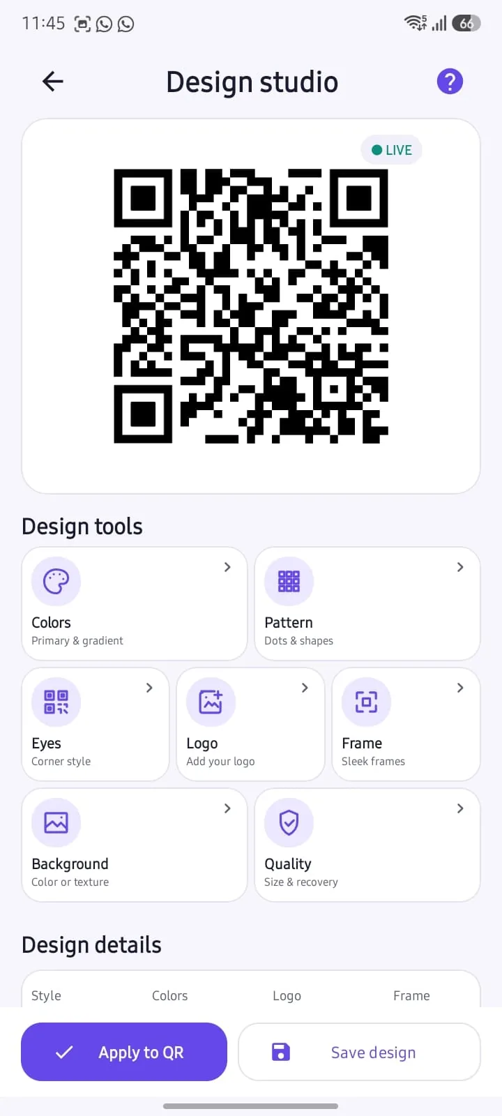 Actual Design Studio screen with a live QR preview and design tools